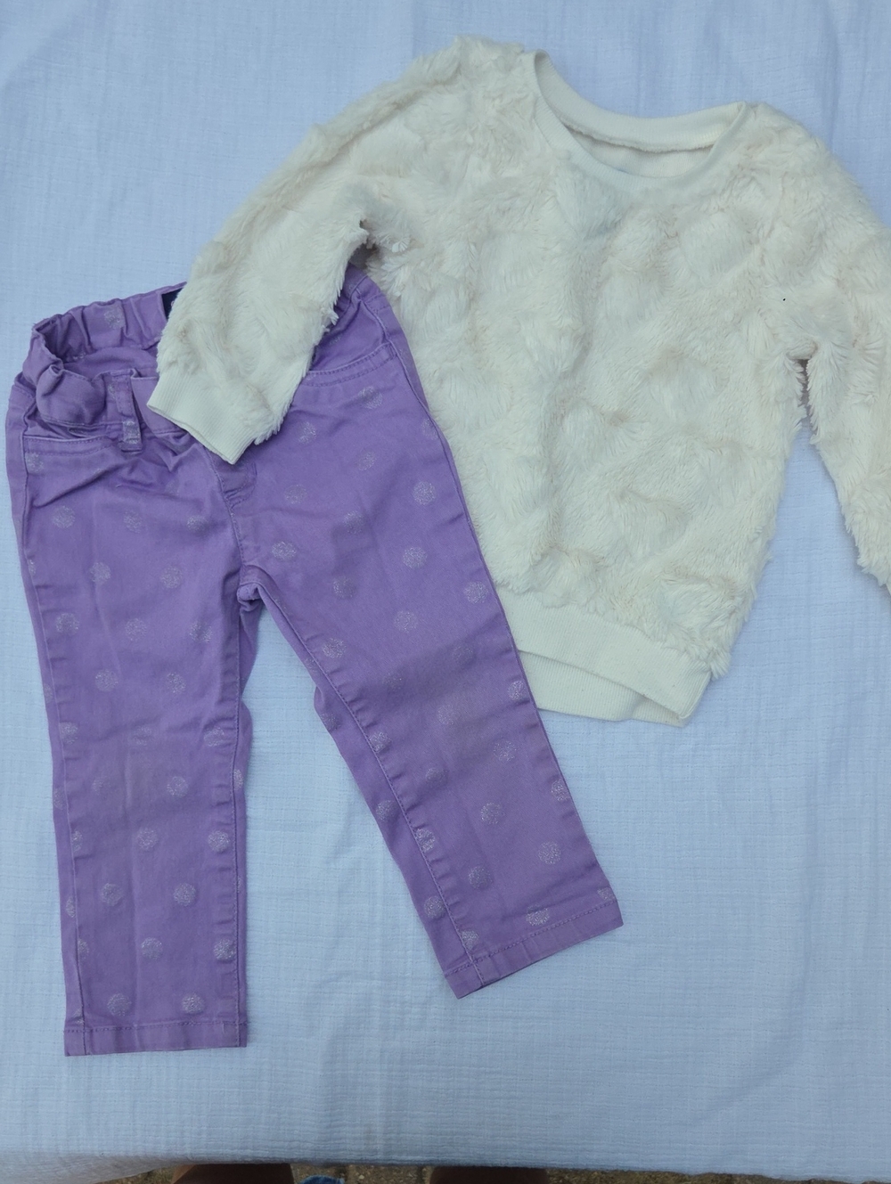 The Children's Place Cream Fuzzy Sweatshirt & Purple Polka Dot Pants Set